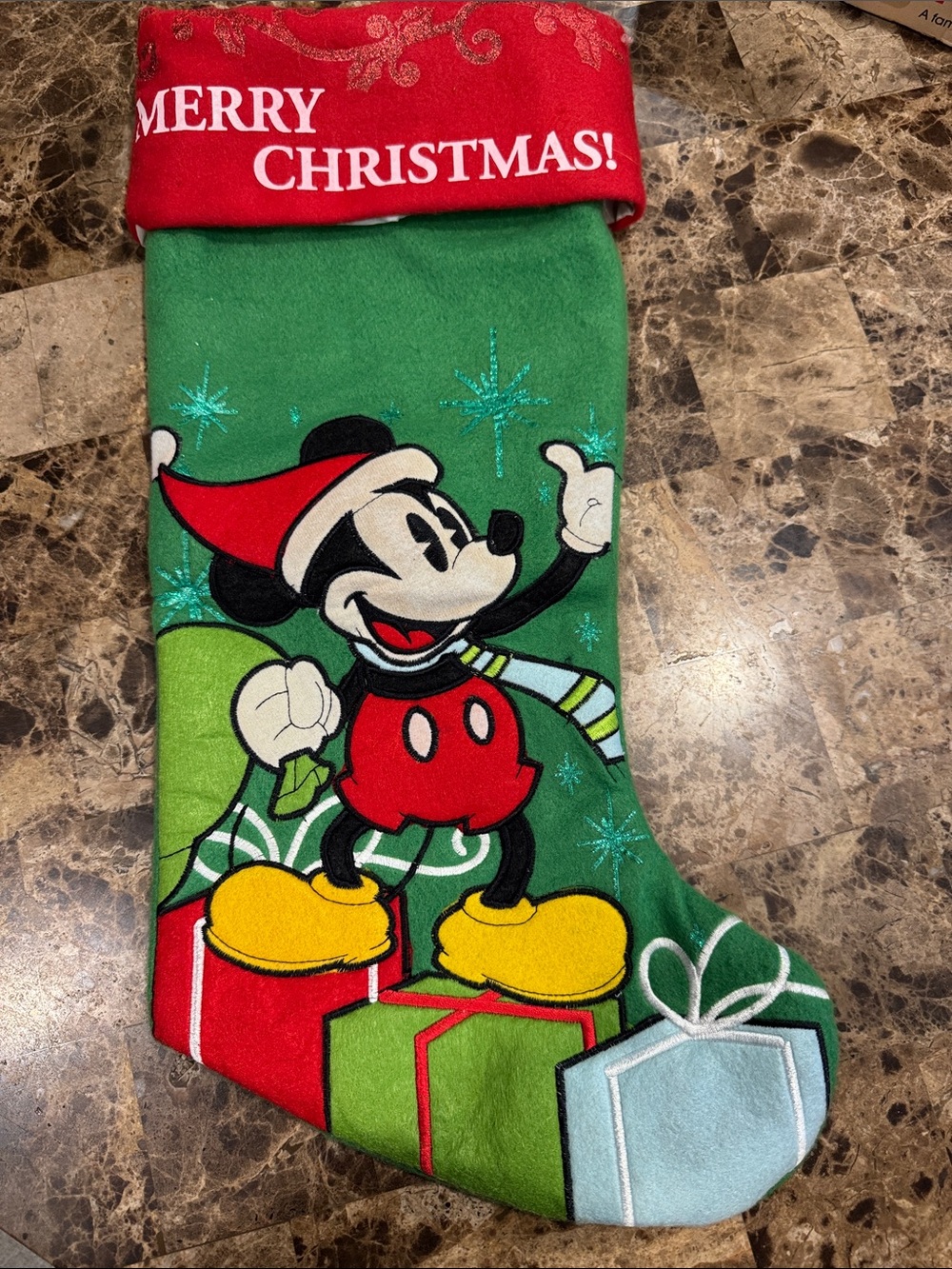 Disney Mickey Mouse Festive Green and Red Christmas Stocking
